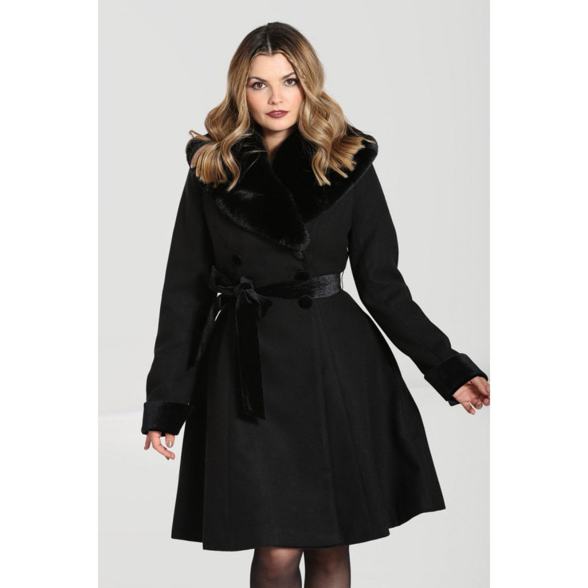 Black faux fur collar swing coat sale
