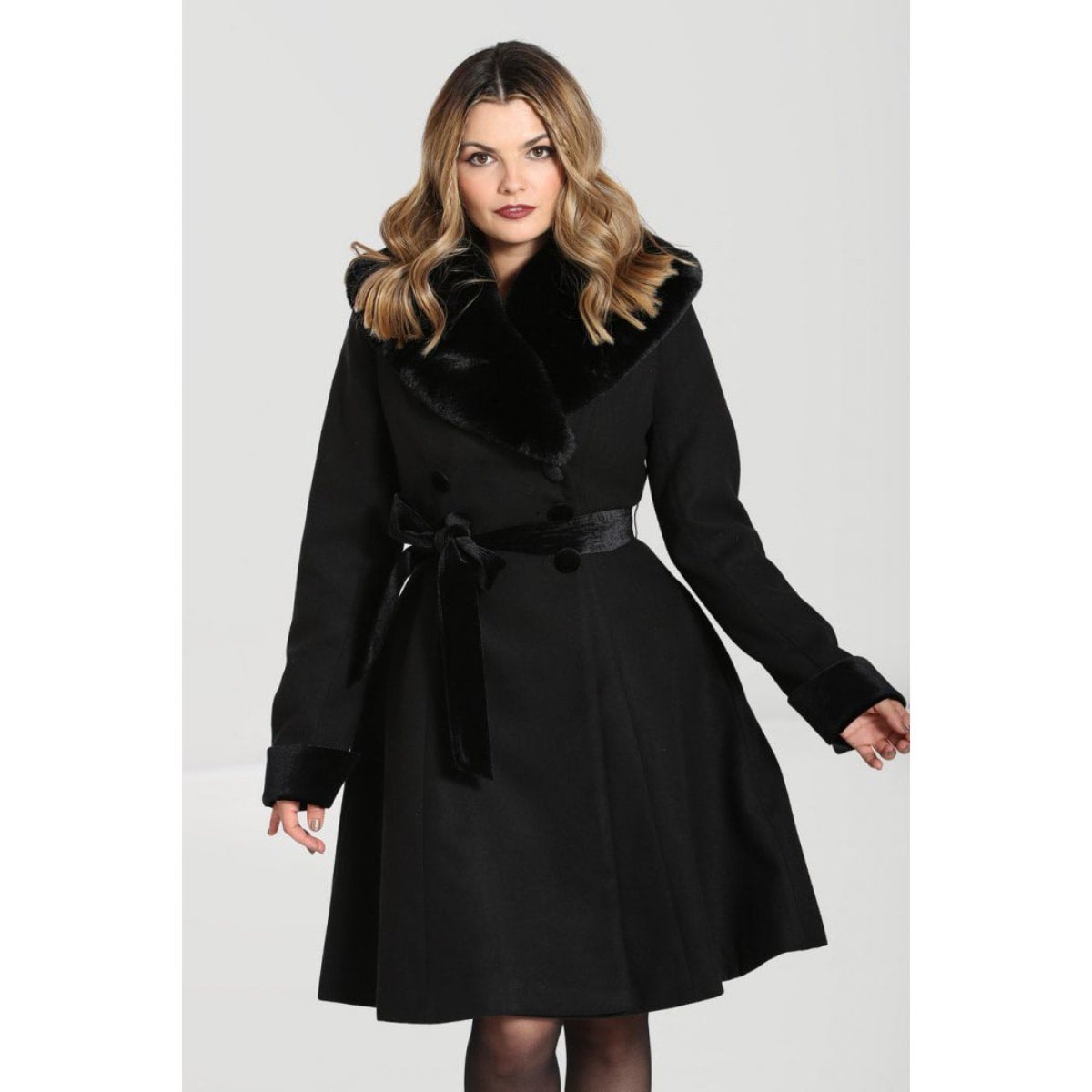 Black faux fur shop collar swing coat